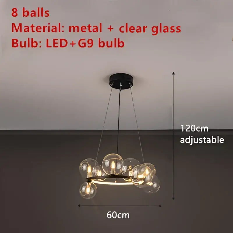 Modern black metal chandelier with eight clear glass bubble bulbs and adjustable cord by DecorBites™