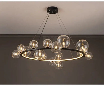 DecorBites™ modern black metal chandelier with clear glass bubble bulbs and glowing ring featuring adjustable cord