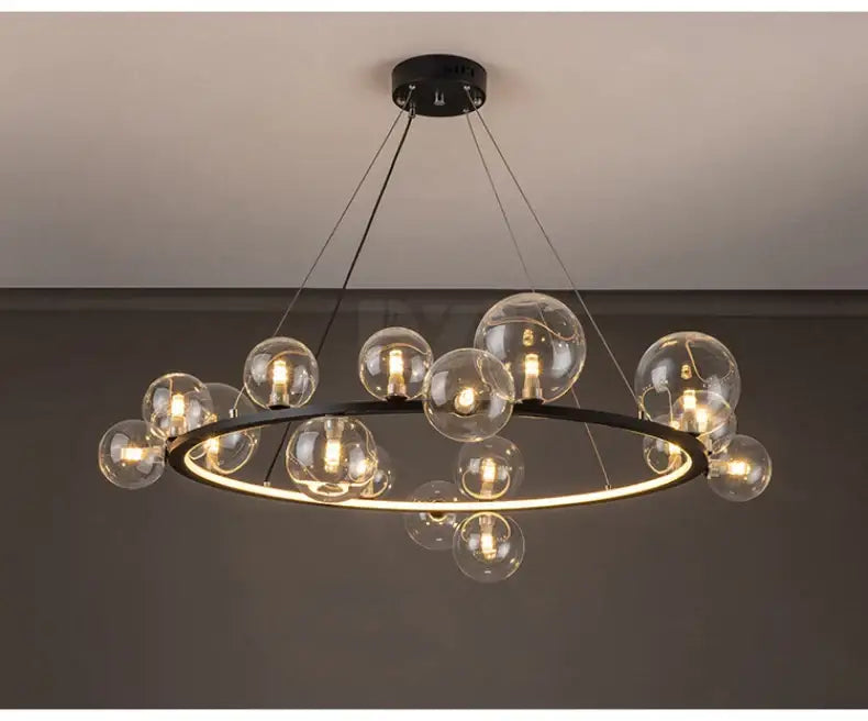 DecorBites™ modern black metal chandelier with clear glass bubble bulbs and glowing ring featuring adjustable cord