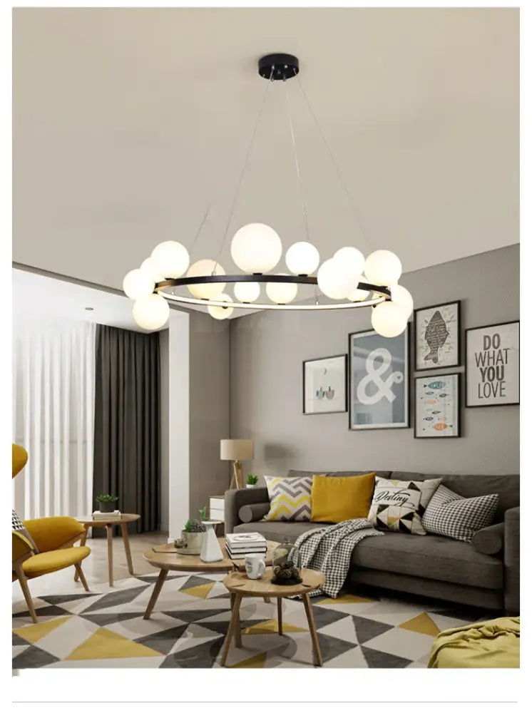 DecorBites™ modern black circular chandelier with frosted bulbs and adjustable cord features clear glass bubble design