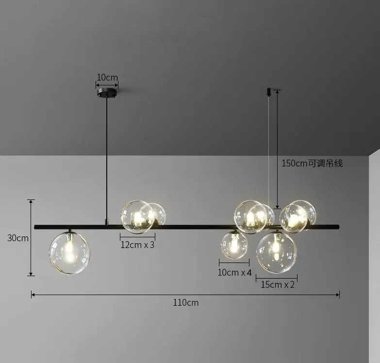 Decorbites™ modern black metal chandelier with adjustable cord and clear glass bubble globe bulbs