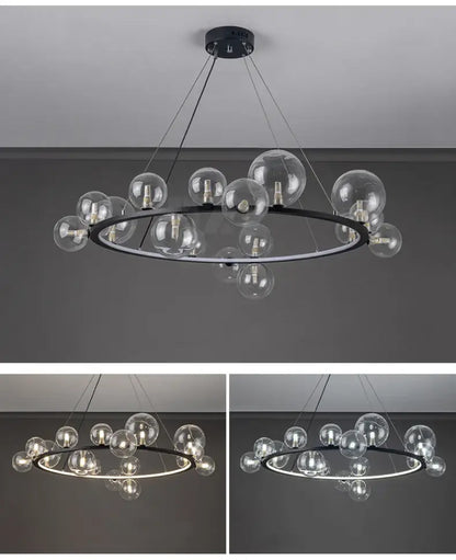 Decorbites modern led glass chandelier with black circular frame clear glass bubble bulbs and adjustable cord suspension