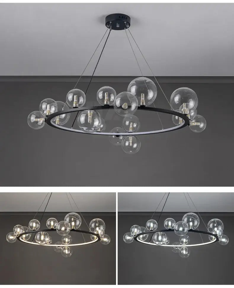 Decorbites modern led glass chandelier with black circular frame clear glass bubble bulbs and adjustable cord suspension