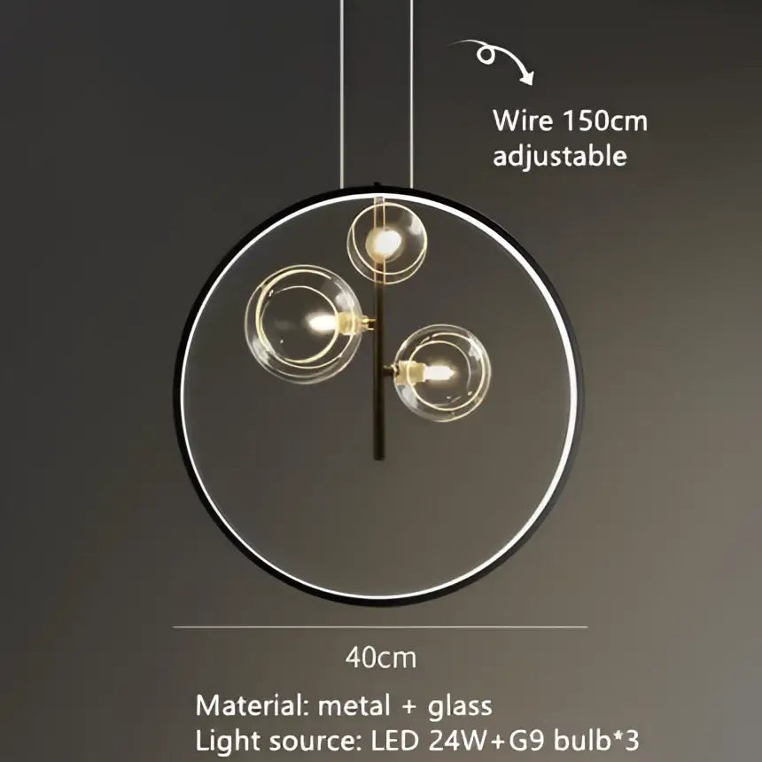 Modern DecorBites™ LED glass chandelier with three clear glass bubble bulbs and adjustable cord in a sleek metal frame