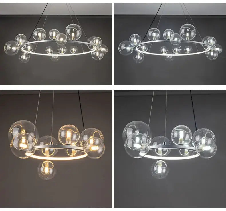 DecorBites modern LED glass chandelier with adjustable cord featuring clear glass bubble spheres on metallic ring
