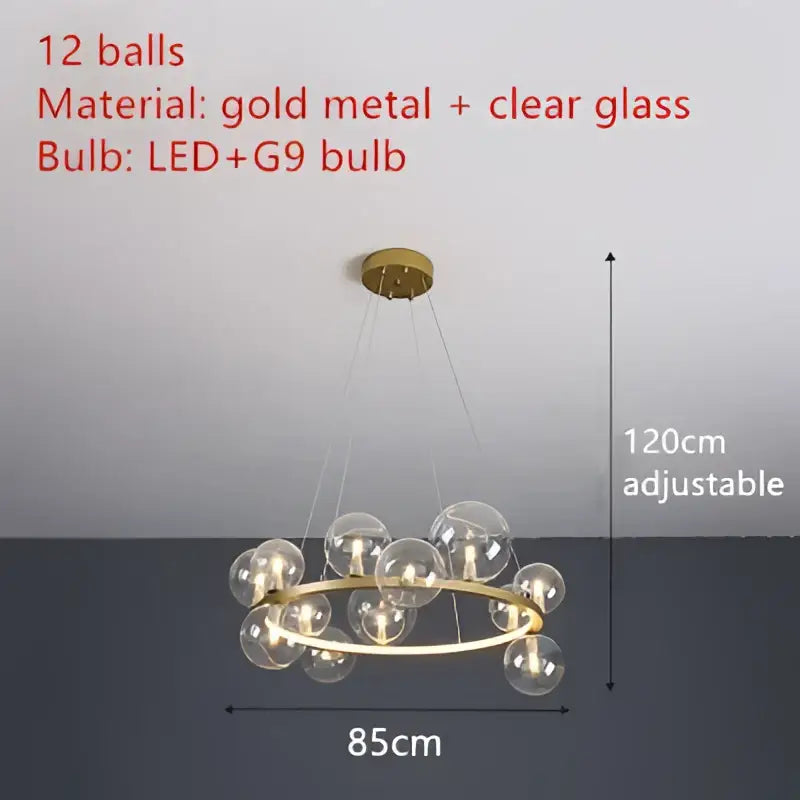 DecorBites modern LED gold chandelier with 12 clear glass bubbles and adjustable cord for elegant lighting