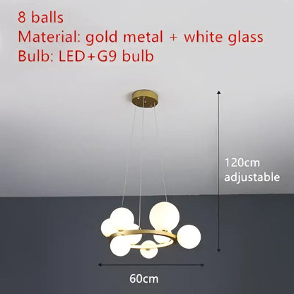 Gold metal DecorBites™ modern LED chandelier with eight white glass globe bulbs and adjustable cord