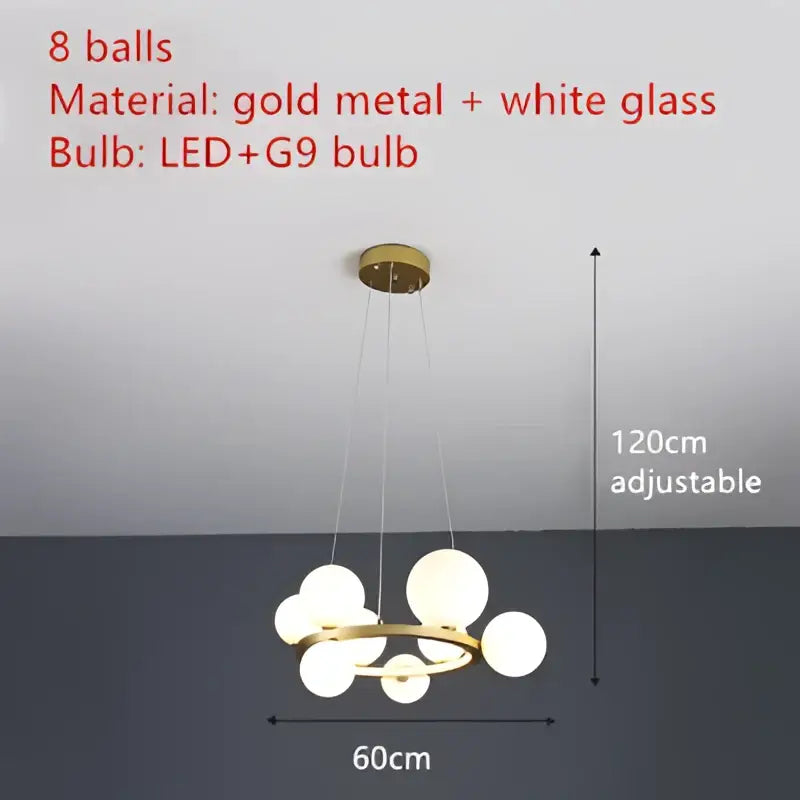 Gold metal DecorBites™ modern LED chandelier with eight white glass globe bulbs and adjustable cord