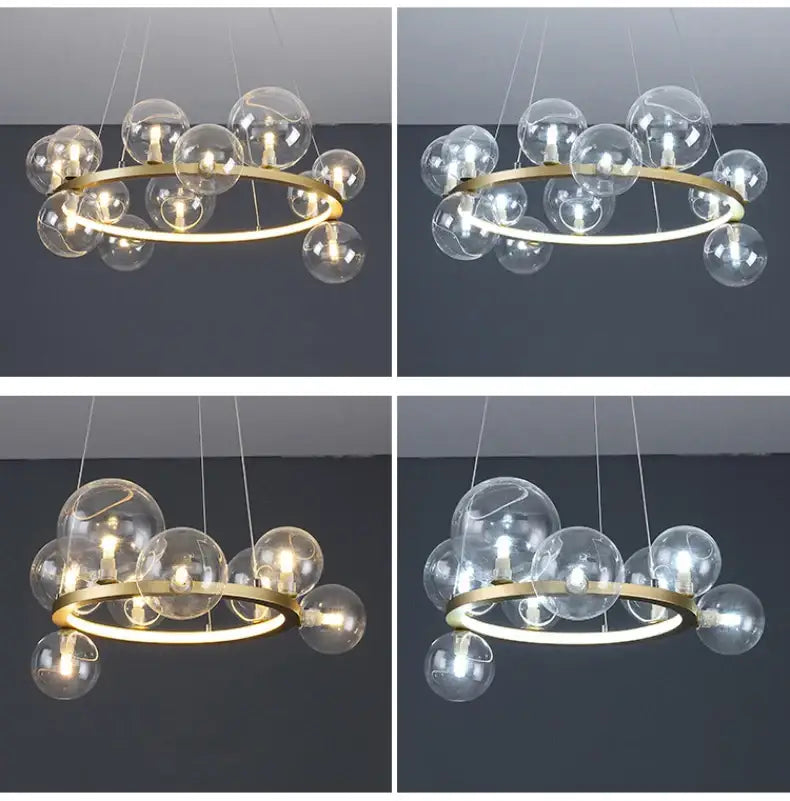DecorBites™ modern gold-toned chandelier with clear glass bubble spheres and adjustable cord suspended from a circular frame