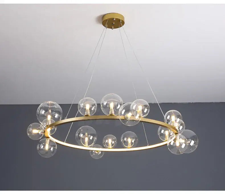 Decorbites™ modern led glass chandelier featuring gold-toned circular frame with clear glass bubble bulbs and adjustable cord