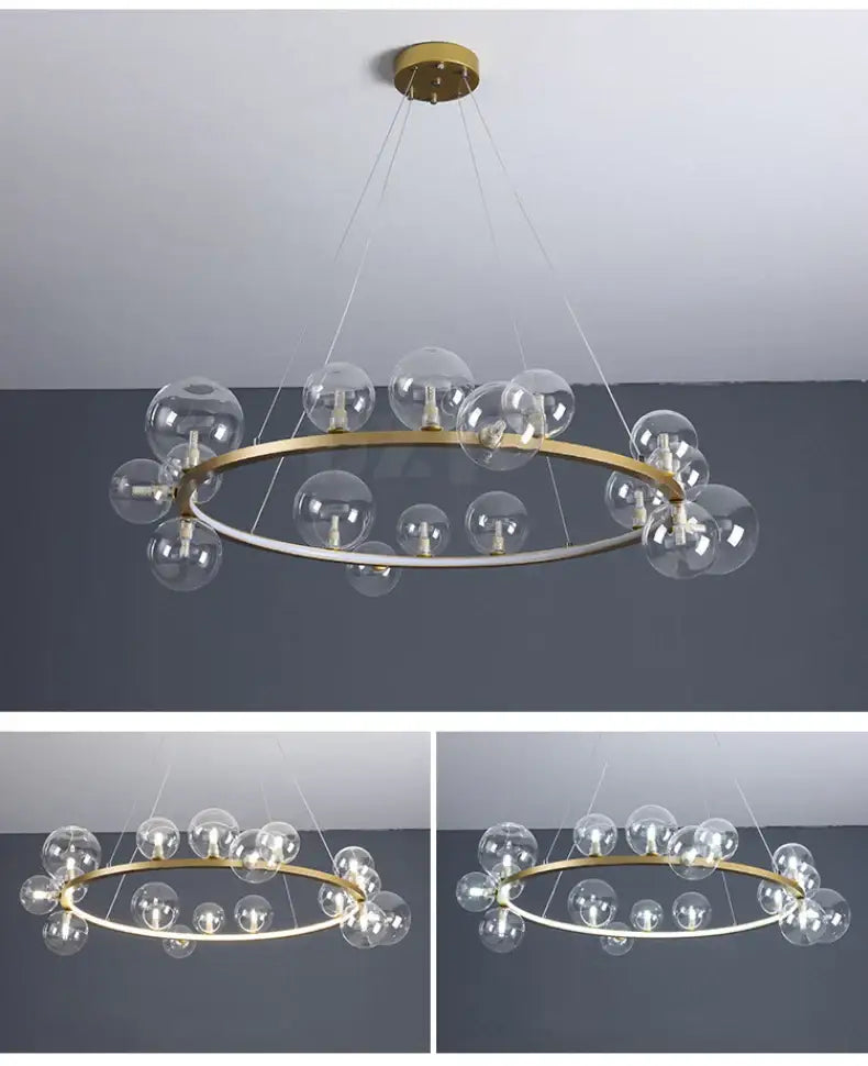 DecorBites™ modern LED glass chandelier with gold-toned frame clear glass bubble bulbs and adjustable cord suspension