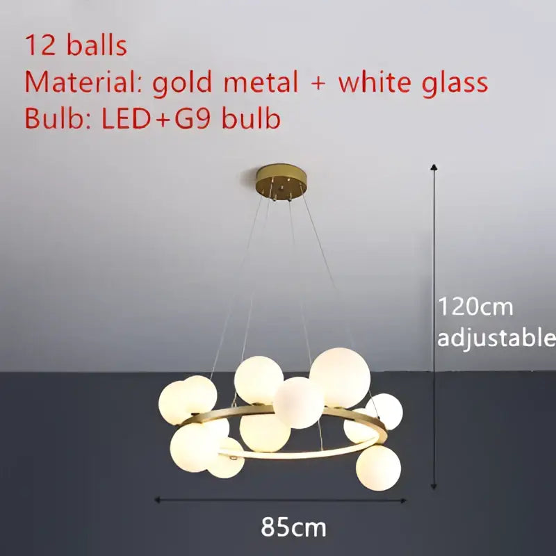 Gold metal DecorBites modern LED chandelier with twelve frosted white glass spheres and adjustable cord chains