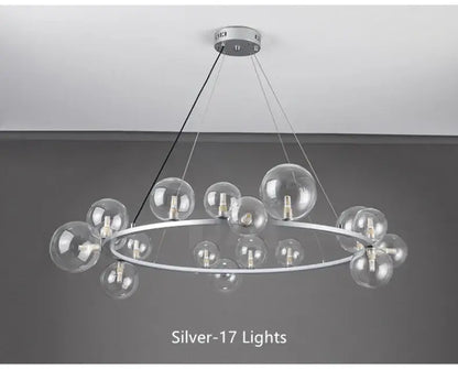 Silver modern LED glass chandelier with 17 clear glass bubble bulbs and adjustable cord by DecorBites™