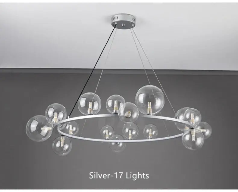 Silver modern LED glass chandelier with 17 clear glass bubble bulbs and adjustable cord by DecorBites™