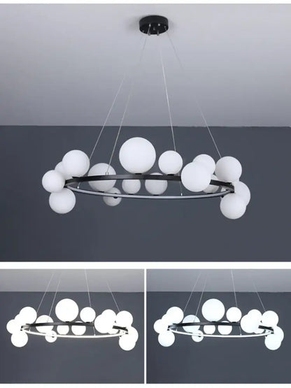 Decorbites™ modern white globe chandelier with sleek black frame featuring clear glass bubbles and adjustable cord
