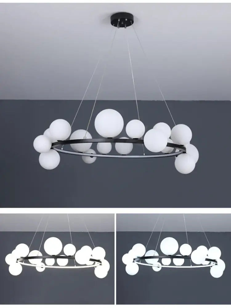 Decorbites™ modern white globe chandelier with sleek black frame featuring clear glass bubbles and adjustable cord