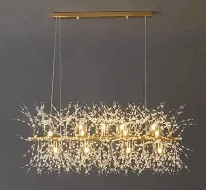 Gold-toned DecorBites™ modern LED pendant chandelier with crystal branches and warm lights for home decor