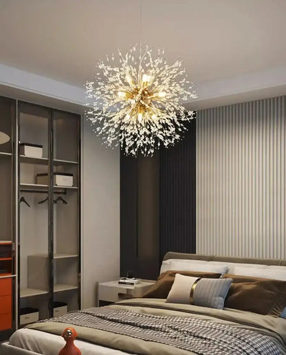 A sparkling gold and white DecorBites™ modern led pendant chandelier with starburst design for home decor