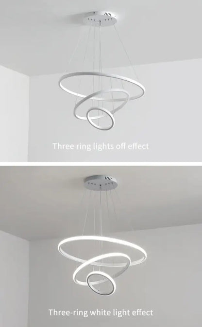 Modern white led chandelier with three concentric rings in decorbites™ pendant lamp offering brightness dimmable warm white light