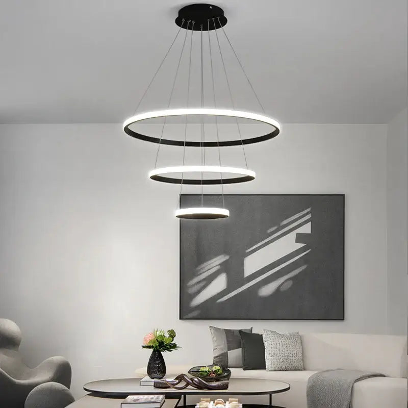 Modern black and white DecorBites™ pendant lamp with three concentric rings brightness dimmable warm white light