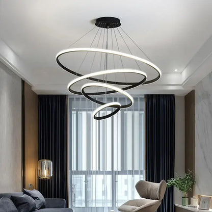 DecorBites modern black and white pendant lamp with sleek spiral led rings brightness dimmable warm white illumination