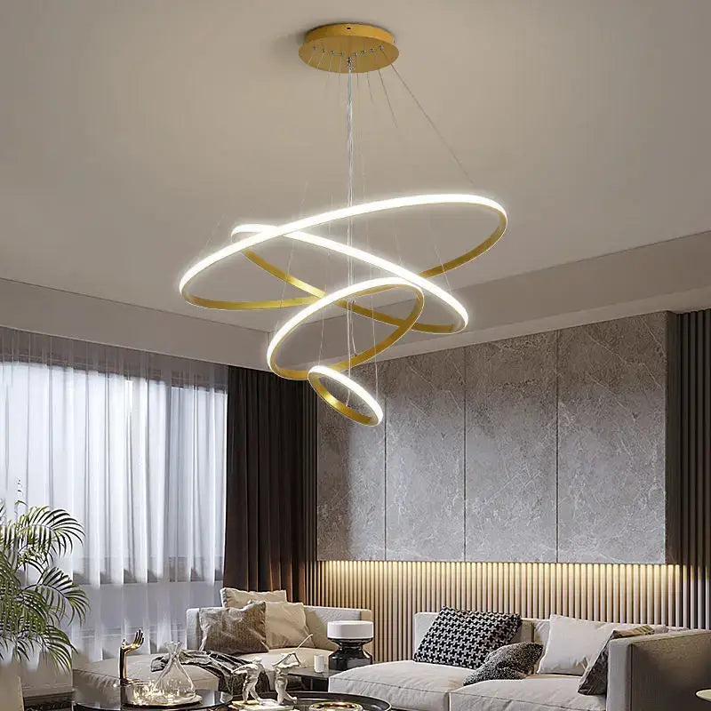 DecorBites™ modern black pendant lamp with gold-toned spiral led chandelier and dimmable warm white brightness rings