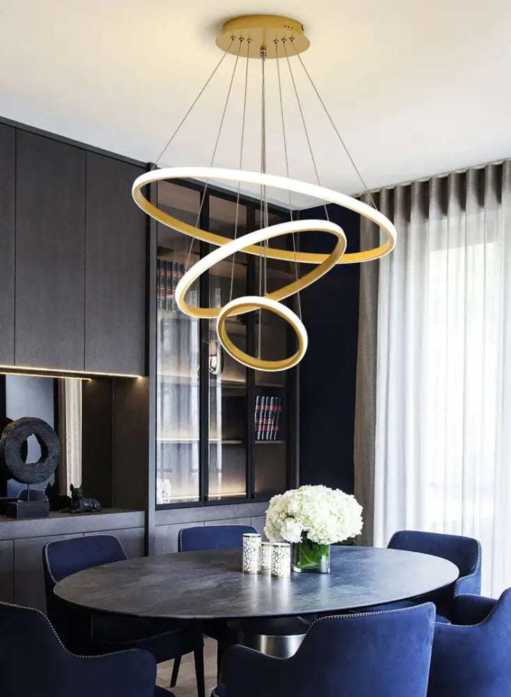 Decorbites modern led ring pendant chandelier black featuring dimmable brightness with warm white gold and white rings