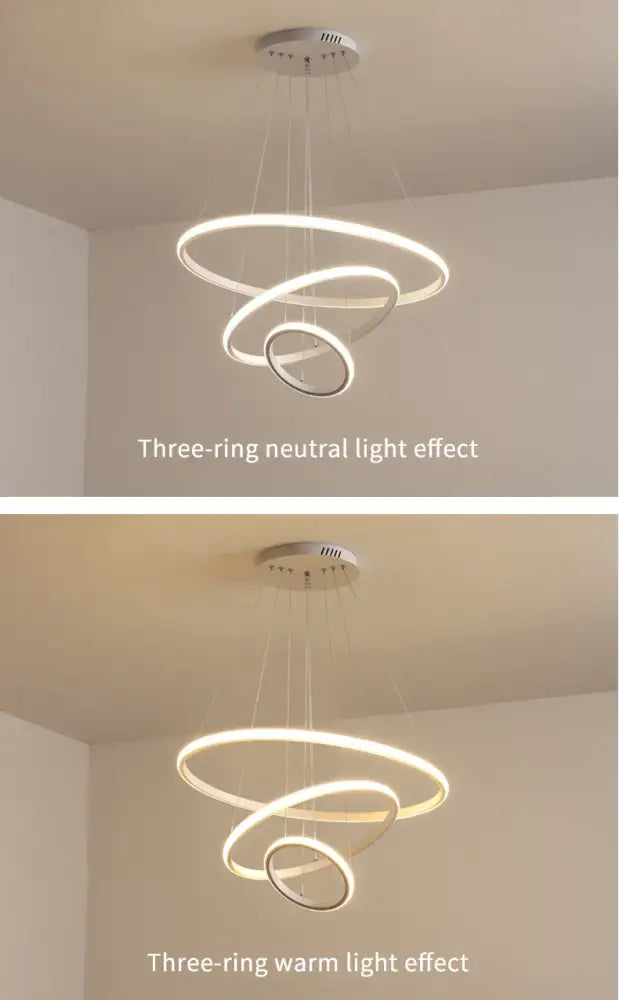 DecorBites™ modern black three-ring led pendant lamp with sleek white rings and dimmable warm white brightness