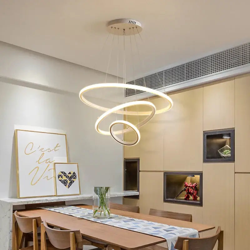 DecorBites™ modern led ring pendant chandelier in black with dimmable brightness and warm white spiral design