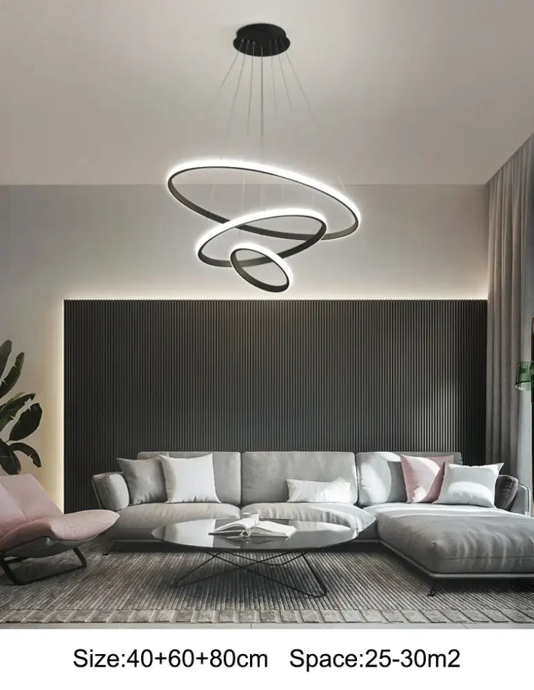 DecorBites™ modern black pendant lamp with interlocking rings features dimmable brightness and warm white LEDs