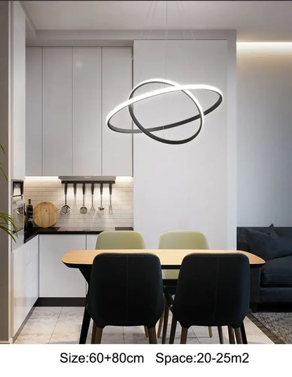 Modern black and white led ring pendant lamp chandelier by decorbites with sleek intersecting design and dimmable warm white brightness