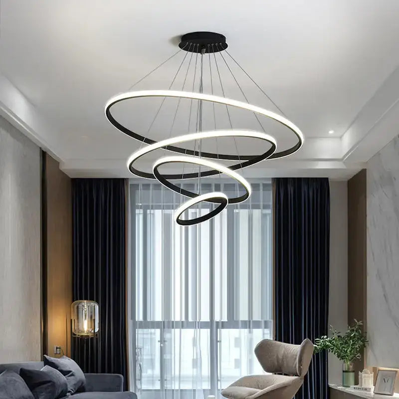 Modern black and white DecorBites™ pendant lamp with dimmable brightness and warm white led spiral rings chandelier