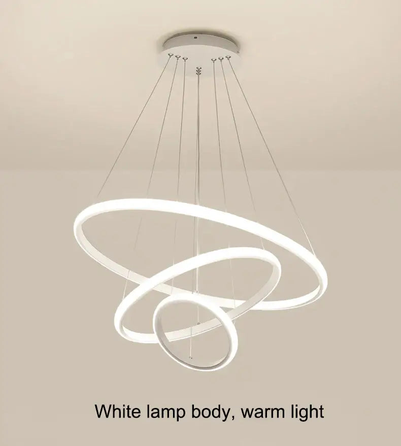 DecorBites modern led ring pendant chandelier in black with three interlocking rings and dimmable warm white brightness