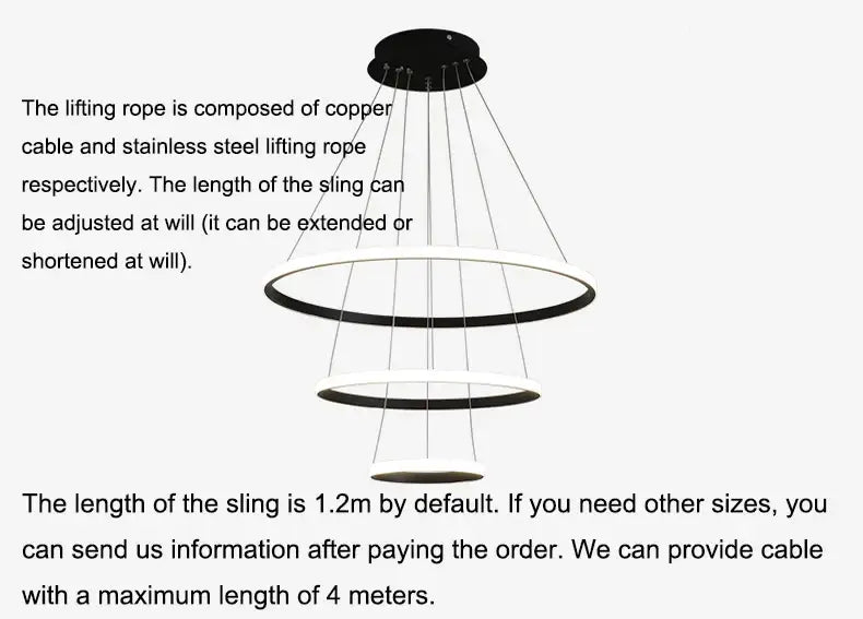 Modern black and white tiered DecorBites™ LED ring pendant lamp chandelier with adjustable sling and dimmable warm white brightness