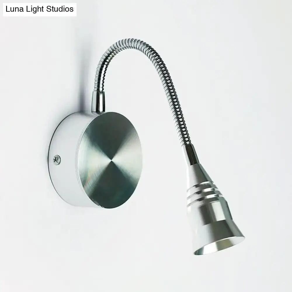 Modern chrome gooseneck sconce lamp with silver metallic finish direct wired electric for bedroom use