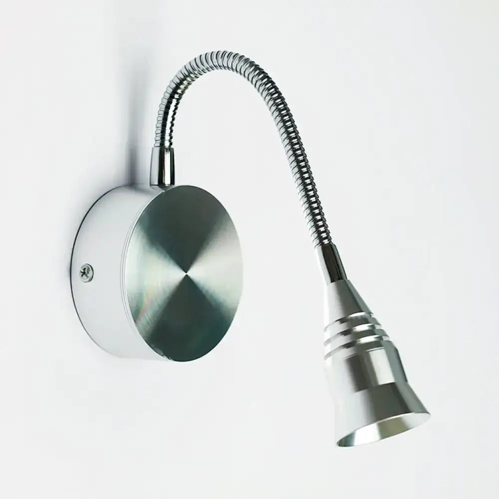Modern chrome gooseneck sconce lamp in silver metallic with flexible head direct wired electric for bedroom use