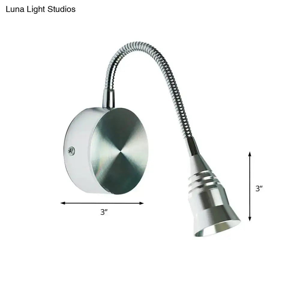 Modern chrome direct wired electric sconce lamp with silver metallic flexible gooseneck arm and adjustable head