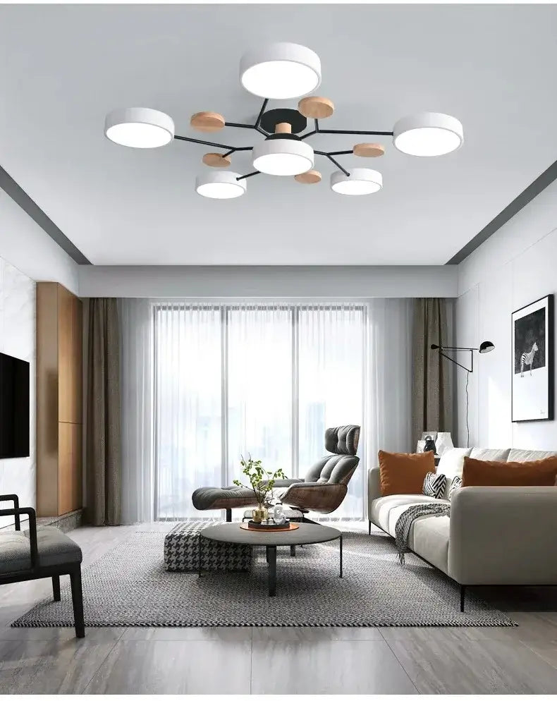 DecorBites™ modern macaron ceiling chandelier with 3-color dimming features white circular lights, black metal arms, and wood accents