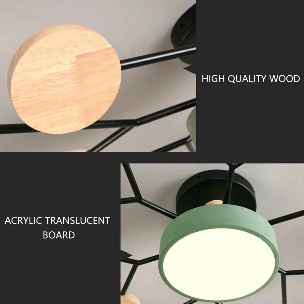 Modern macaron ceiling chandelier with 3-color dimming features a circular wooden disc and mint green acrylic diffuser