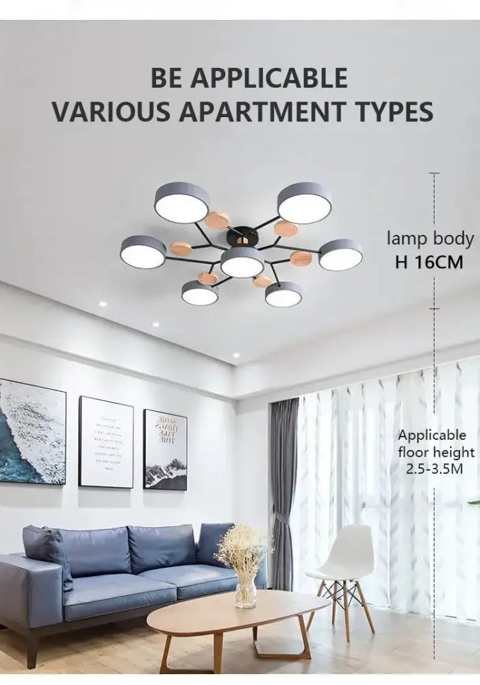 DecorBites modern macaron ceiling chandelier with eight white lamp heads black metal arms wooden accents and 3-color dimming
