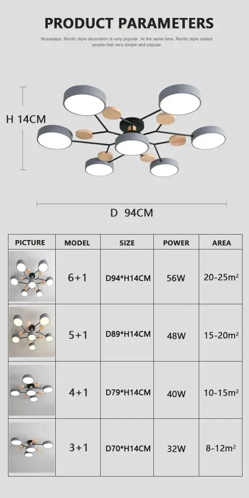 Modern nordic-style DecorBites™ macaron ceiling chandelier with six white LED bulbs, black metal arms, wood nodes, and 3-color dimming