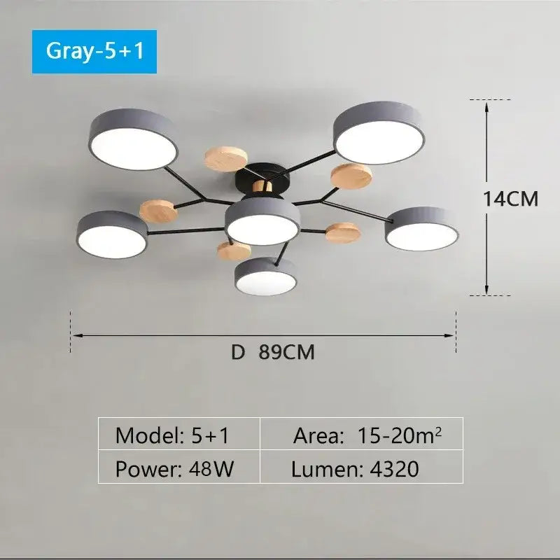 Modern gray and wood-toned decorbites™ macaron ceiling chandelier with black hub and 3-color dimming led shades
