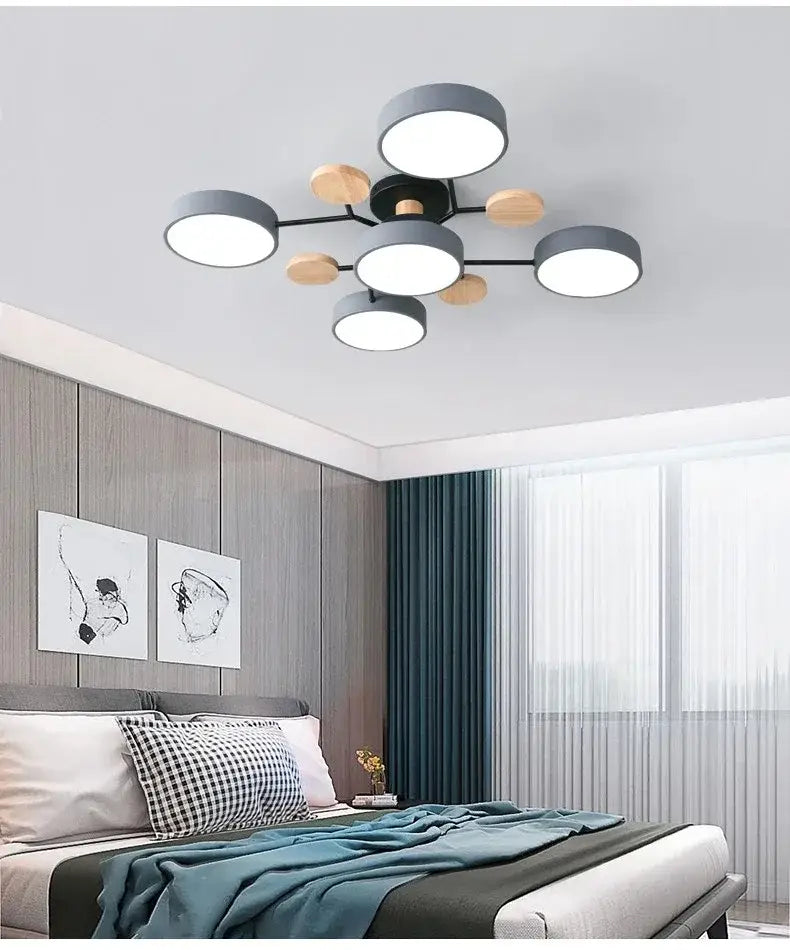 Modern DecorBites™ macaron ceiling chandelier with five white LED bulbs black metal arms wooden accents and 3-color dimming