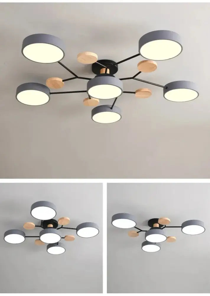 DecorBites modern macaron ceiling chandelier with 3-color dimming features black metal, gray shades, and wood accents