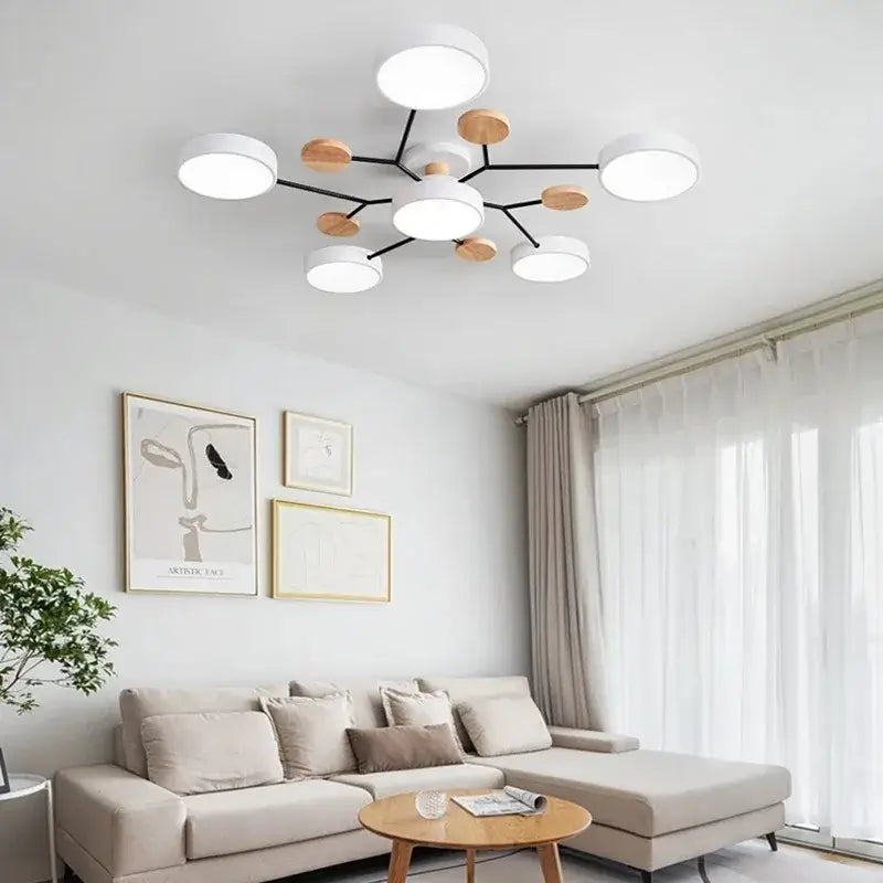 DecorBites™ modern macaron ceiling chandelier with black metal frame white shades wooden accents and 3-color dimming