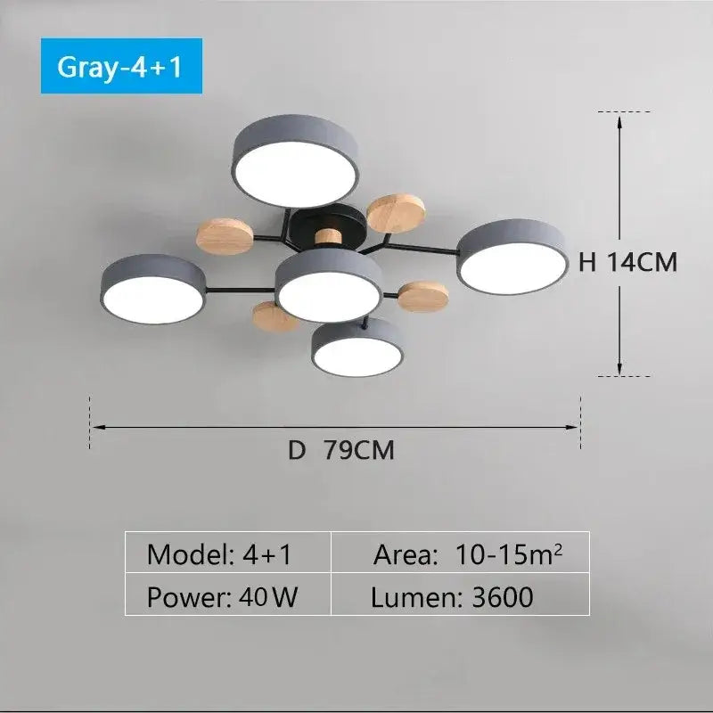 Modern gray and wood-toned DecorBites™ macaron ceiling chandelier with circular LED bulbs and 3-color dimming feature