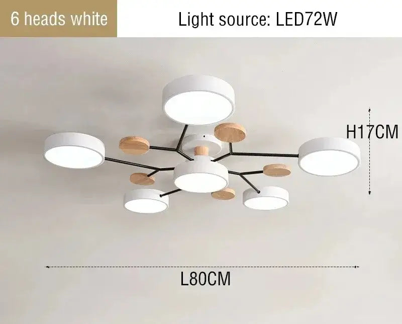 Decorbites modern macaron ceiling chandelier with 3-color dimming features white and wood-toned led bulbs in branching design