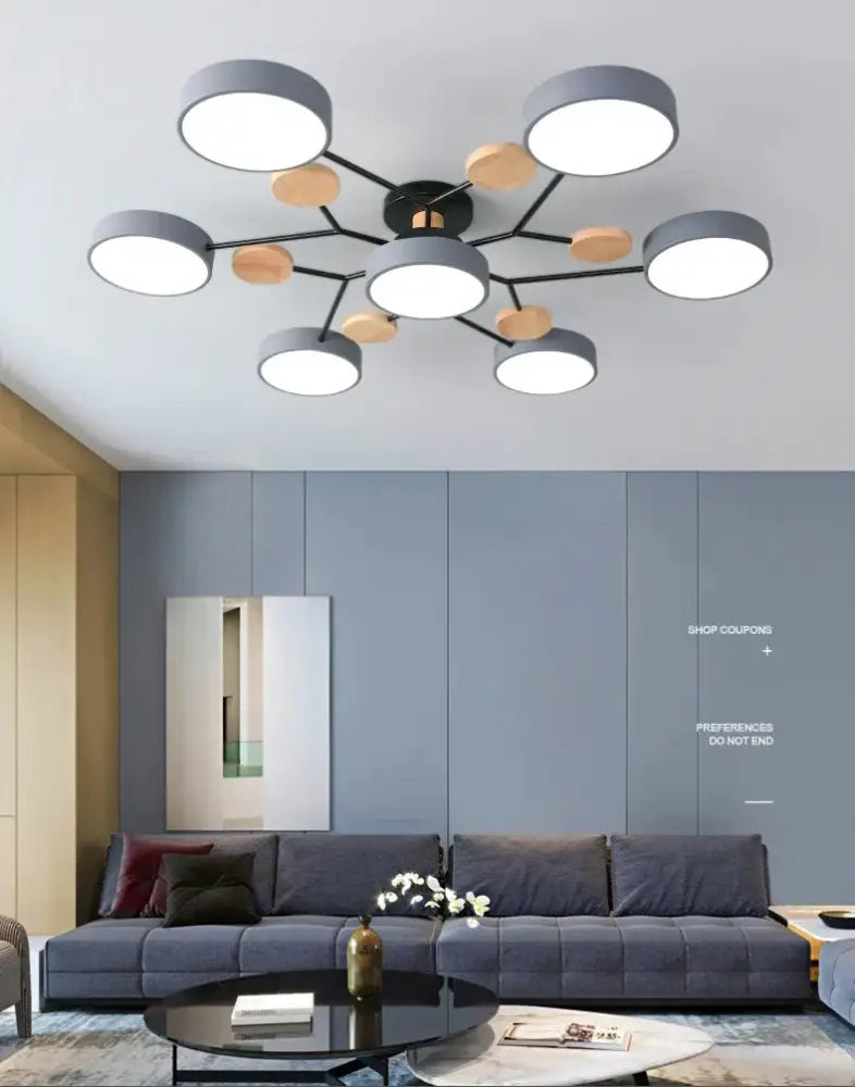 DecorBites modern macaron ceiling chandelier with multiple gray circular shades wooden accents and 3-color dimming
