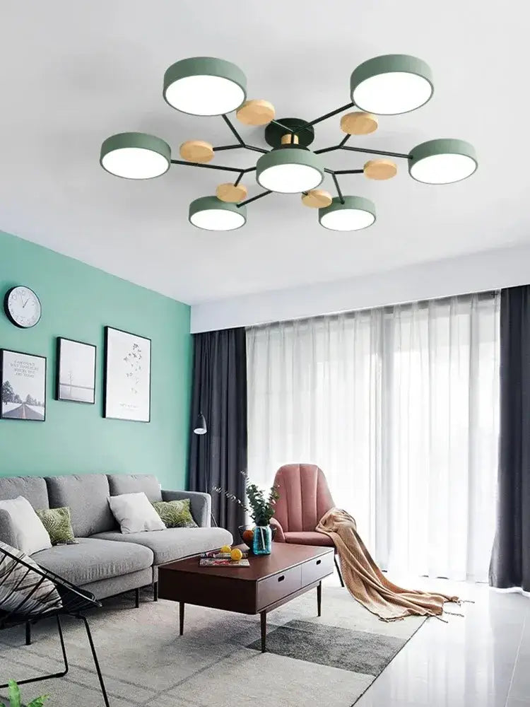 Modern green and gold branch-style ceiling chandelier with circular frosted glass shades and 3-color dimming for macaron ceiling designs