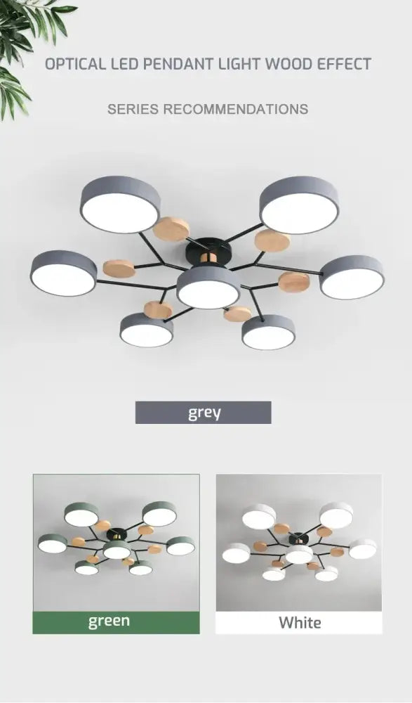 Modern grey DecorBites™ macaron ceiling chandelier with wood-effect circular shades and 3-color dimming feature